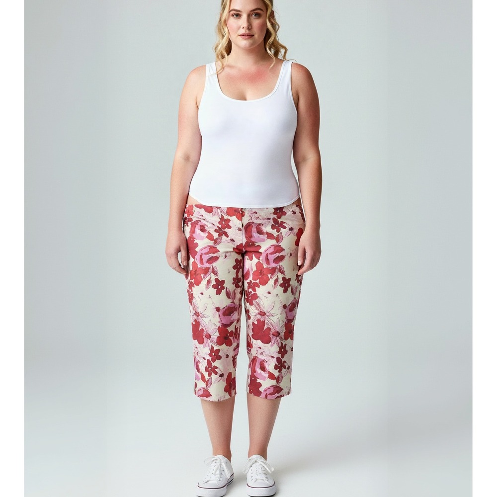 Avenue Plus Size 24 Red Pink‎ Floral Stretch Cotton Capri Crop Pants Side Slit